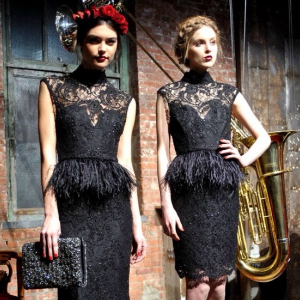 Alice & Olivia/Revolve Black Embellished Lace Feather Trim Patricia Peplum Dress